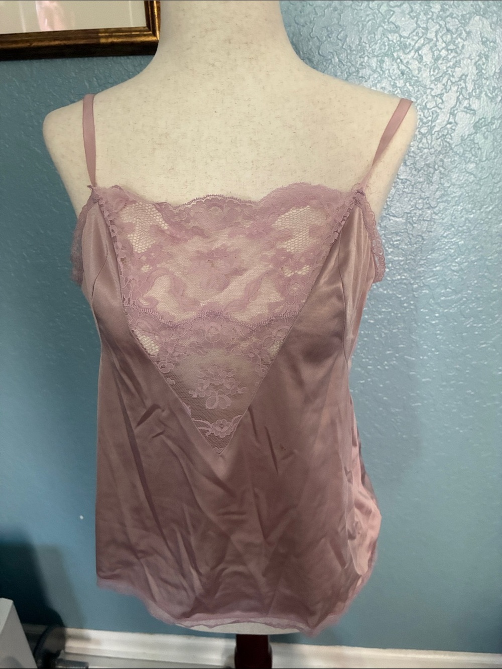 Lace-Trim Satin Cami Tank Top - Mauve Pink